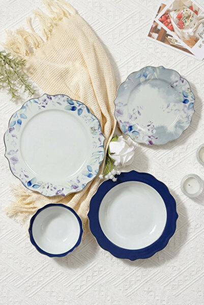 GÖNÜL 24 Parça Star Desenli Yemek Takımı, Mavi Çiçek Desenli Porselen Tabak S...