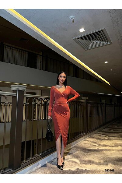 Modafeminen Tile Stone Double-Breasted Model Stretchy Fabric Evening Dress 58...