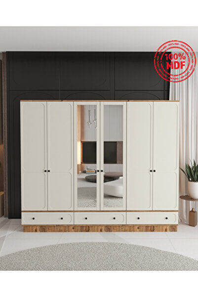 Teen & Bright IRMAK 6 KAPAKLI ÇEKMECELİ BAZALI GARDIROP - TAMAMI MDF