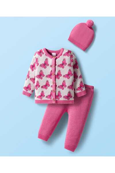 Babyhug Cotton Front Open Sweater & Pants Set with Cap & Butterfly Design - Pink