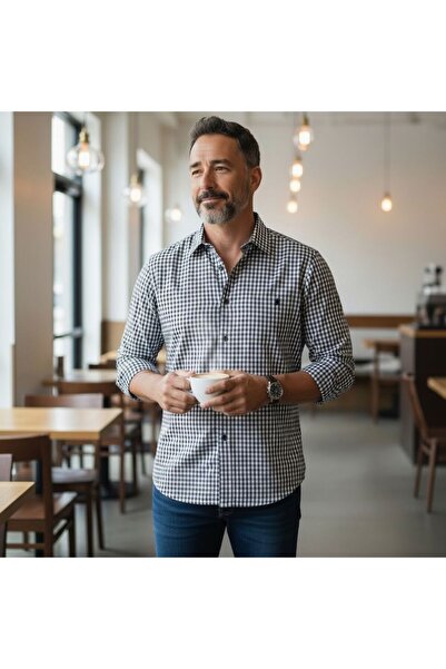 GÖMLEK GALERİSİ Classic Wide Cut Gingham Patterned Long Sleeve Men's Shirt