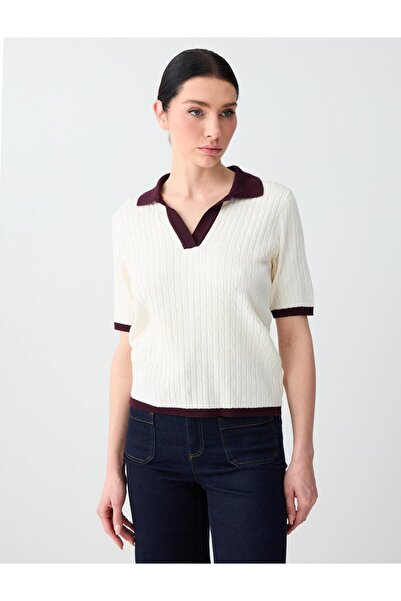 Jimmy Key Ecru Polo Collar Short Sleeve Knitwear Blouse