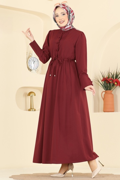 ModaMerve Nervür Detaylı Bağcıklı Elbise 3079KTR750-MS Bordo
