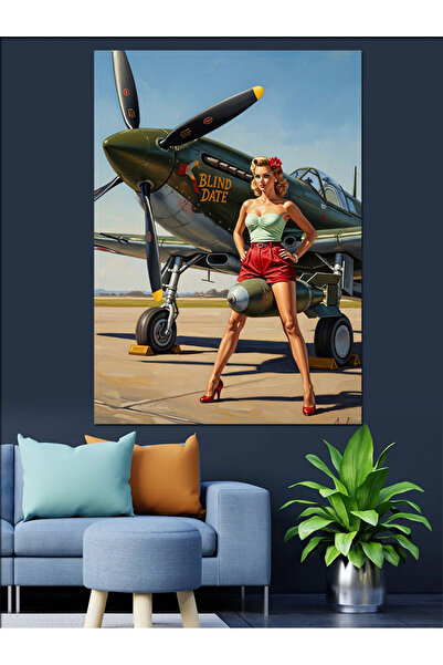 KanvasSepeti Pin Up Girl And Airplane Pictură în ulei de înaltă calitate text...