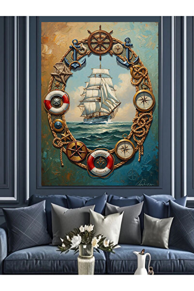 Artmeg Sailing Ship Inside a Sailor's Helm Decorative Canvas - Mdf Wood Tabletop