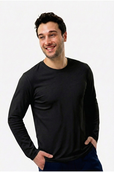 UNIQVIBE 100% Organic Cotton Black Crew Neck Long Sleeve Men's T-Shirt