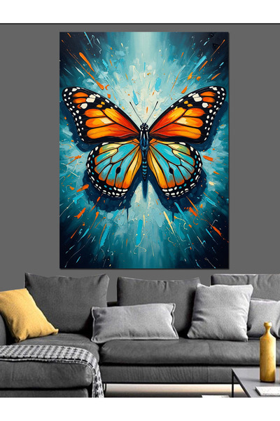 Artmeg Pânză decorativă cu fluture colorat mare pe fundal albastru - Tablou d...