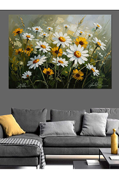 Artmeg Çayırda Açan Beyaz Papatya Tarlası Dekoratif Kanvas - Mdf Ahşap Tablo