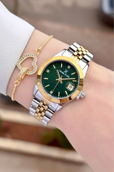 Daniel Klein ساعة يد نسائية وسوار بقرص أخضر كودرون لون ذهبي معدني ضمان لمدة ع...