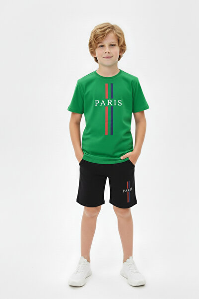 FYK KİDS Haine de vară pentru băieți cu guler rotund, cu imprimeu Paris și de...