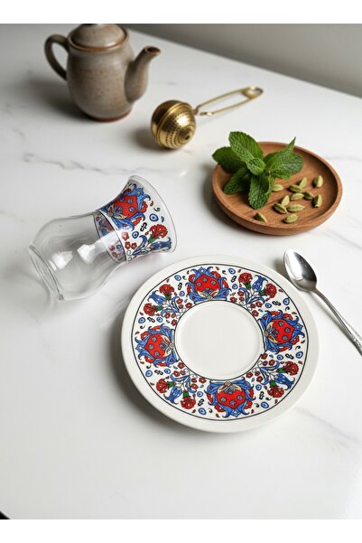 KÜTAHYA HOME Glass Tea Cup and Saucer Set with Turkish Motif Patterns - 4 Pie...