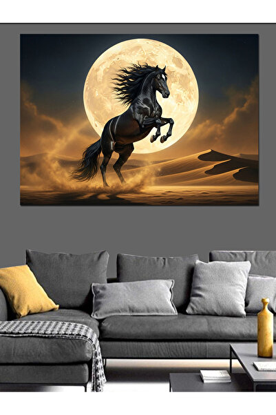 Artmeg Çölde Şaha Kalkan Siyah At Dekoratif Kanvas - Mdf Ahşap Tablo