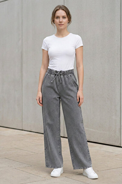 Kirazgym Women's Pocketed Relaxed Cut Jeans with Elastic Waist - Smoked