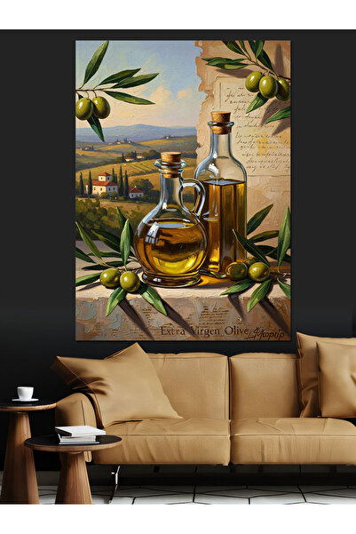 Tablo Mega Dalında Zeytin Ve Zeytinyağı Şişesi Dekoratif Kanvas - Mdf Ahşap T...