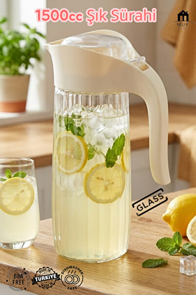 MUF HOME Çizgili Şık Cam Sürahi Tek Parmakla Açılan Hijyenik Kapaklı Su ve Me...