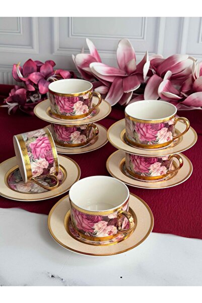 ROSSEV Porselen Çay Fincanı Seti 6 Kişilik 24K Flores