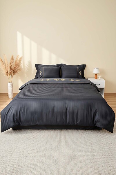 Rivaİstanbul Embroidered Saten Dark Anthracite Double 100% Cotton Duvet Cover...