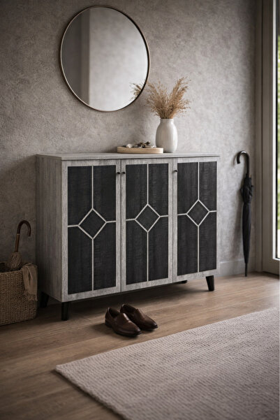 MARIA HOMES Modern Grey Wood Shoe Cabinet 3-Door Entryway Organizer Rack Geom...