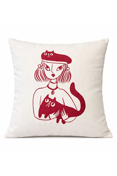 Elegancembroidery Kedi Desenli Keten Dekoratif Kırlent – Modern İllüstrasyon ...