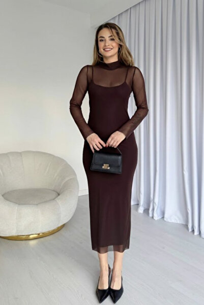 Modayakamoz New Season Women's Black Judge Collar Tulle Detail Midi Length St...