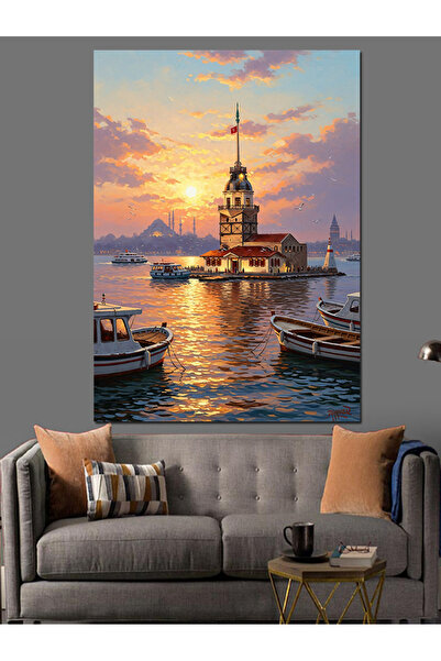 Artmeg Deniz Ortasında Tarihi Kız Kulesi Dekoratif Kanvas - Mdf Ahşap Tablo