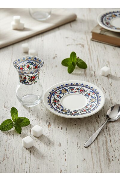 KÜTAHYA HOME Glass Tea Cup and Saucer Set with Turkish Motif Patterns - 4 Pie...