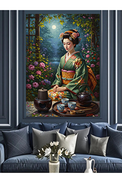 Artmeg Geisha Enjoying Tea in the Garden Decorative Canvas - Mdf Wood Table