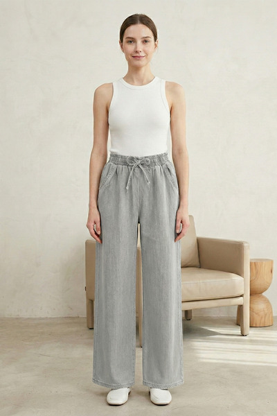 Kirazgym Women's Pocketed Relaxed Cut Jeans with Elastic Waist - Gray