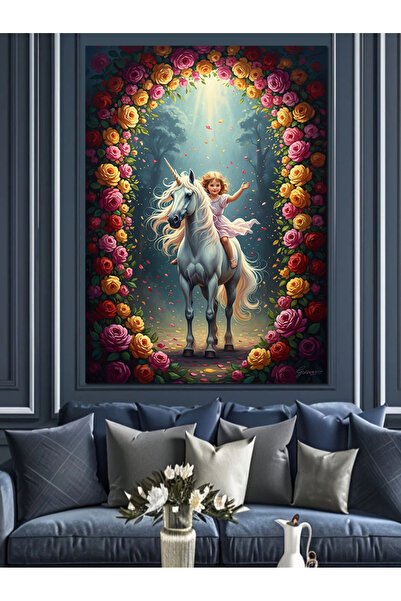 Artmeg Calul cu coarne albe în grădina cu flori - Pânză decorativă - Masă din...