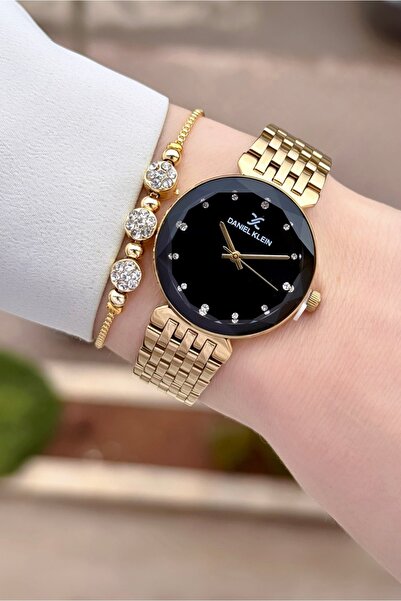 Daniel Klein ساعة يد نسائية وسوار بقرص أسود وحزام ذهبي اللون، ضمان لمدة عامين...