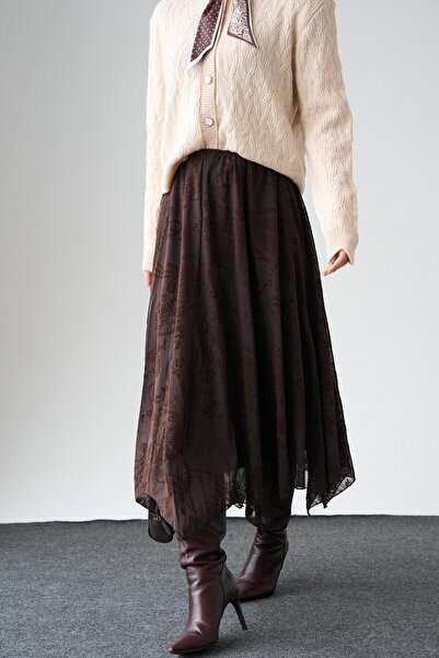 LaliCo Brown Asymmetrical Cut Velvet Embossed Tulle Skirt