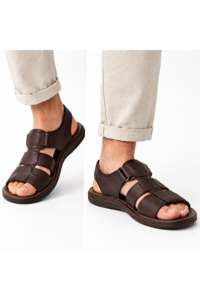 Polaris 5 Nokta Hakiki Deri Erkek Sandalet KAHVE