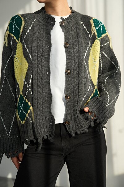 LaliCo Diamond Patterned Fringed Button Cardigan Anthracite