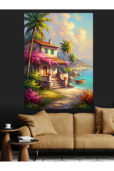 Artmeg Casă mediteraneană florală pe malul mării, pânză decorativă - Masă din...