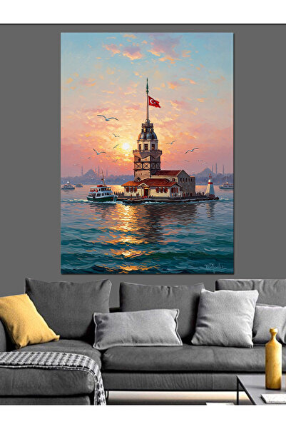 Tablo Mega İstanbul Kız Kulesi Gün Batımı Dekoratif Kanvas - Mdf Ahşap Tablo