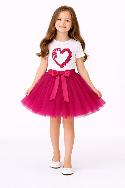 Nacar Kalp Baskılı Tütü Etekli Kız Çocuk Takım 23 Nisan 29 Ekim Gösteri Kıyafeti