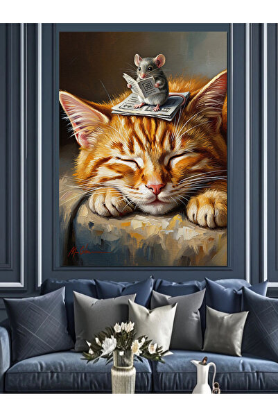 Artmeg Little Mouse in Front of Sleeping Cat Decorative Canvas - Mdf Wood Pai...