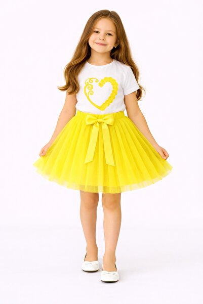 Nacar Kalp Baskılı Tütü Etekli Kız Çocuk Takım 23 Nisan 29 Ekim Gösteri Kıyafeti