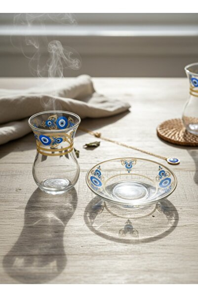 KÜTAHYA HOME Glass Tea Cup and Saucer Set with Turkish Motif Patterns - 4 Pie...