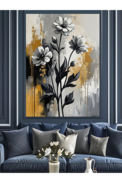 Artmeg Pânză decorativă cu artă florală modernă alb-negru - Tablou din lemn MDF