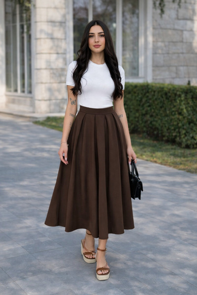 Gugus Women's Long Pleated Flared Model Skirt Brown 90 cm Length