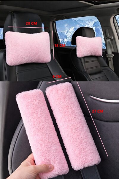 AYAZGRUP Pudra Pembe Peluş 2 Adet Oto Boyun Yastığı Boncuk elyaf Dolgulu & 2 ...