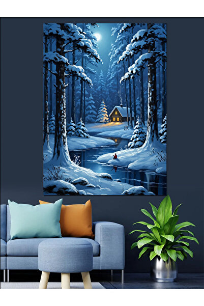 Artmeg Karlı Ormanda Işıklı Kulübe Manzarası Dekoratif Kanvas - Mdf Ahşap Tablo