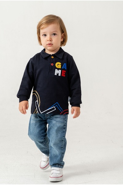 Chicsy Baby Baby Boy Navy Blue Polo Collar Printed Sweatshirt Jeans Pants Set