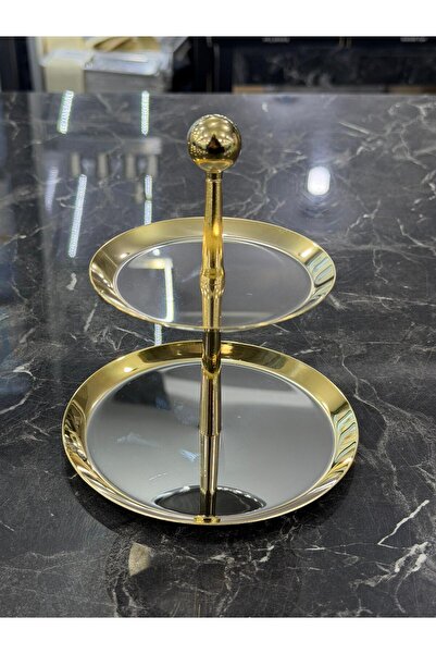 isra kristal Gold Detaylı 2 Katlı Aynalı Servis Standı, Gold Pasta Kurabiye S...