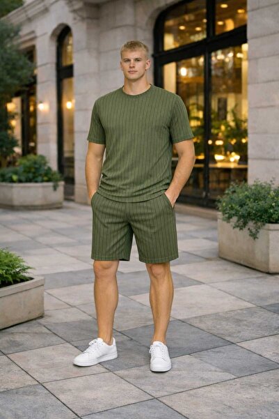 BRLKN Men's Stripe Detailed Crew Neck Crepe T-Shirt Shorts Set
