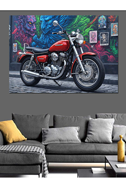 Artmeg Pânză decorativă cu motocicletă roșie în fața peretelui cu graffiti - ...