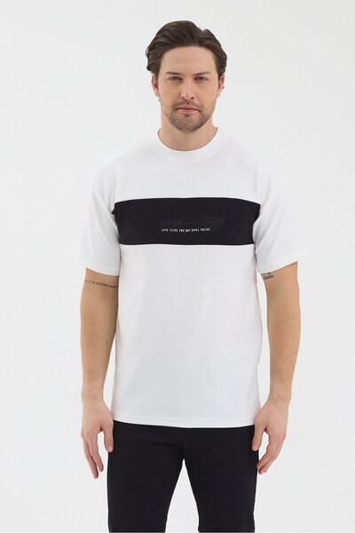 WERRONİ Men's White Color Black-Paneled Modern Design T-Shirt