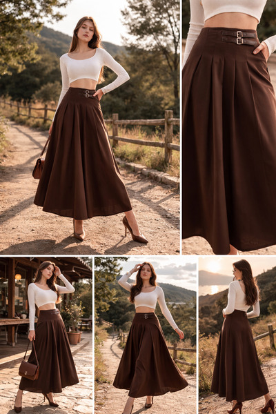 Gugus Women's Waist K Belt Detailled Lima/Do Woven Umaş Flared Skirt 94 cm Fu...