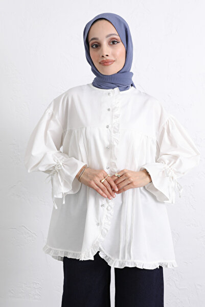Salih Çelebi Kol Ruched Ruffled Shirt Y0093 - White